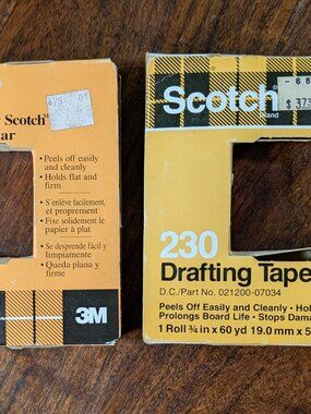 Vintage 3M Scotch 230 Drafting Tape Lot - 2 Rolls 3/4" x 60yd - Retro Plaid Boxe